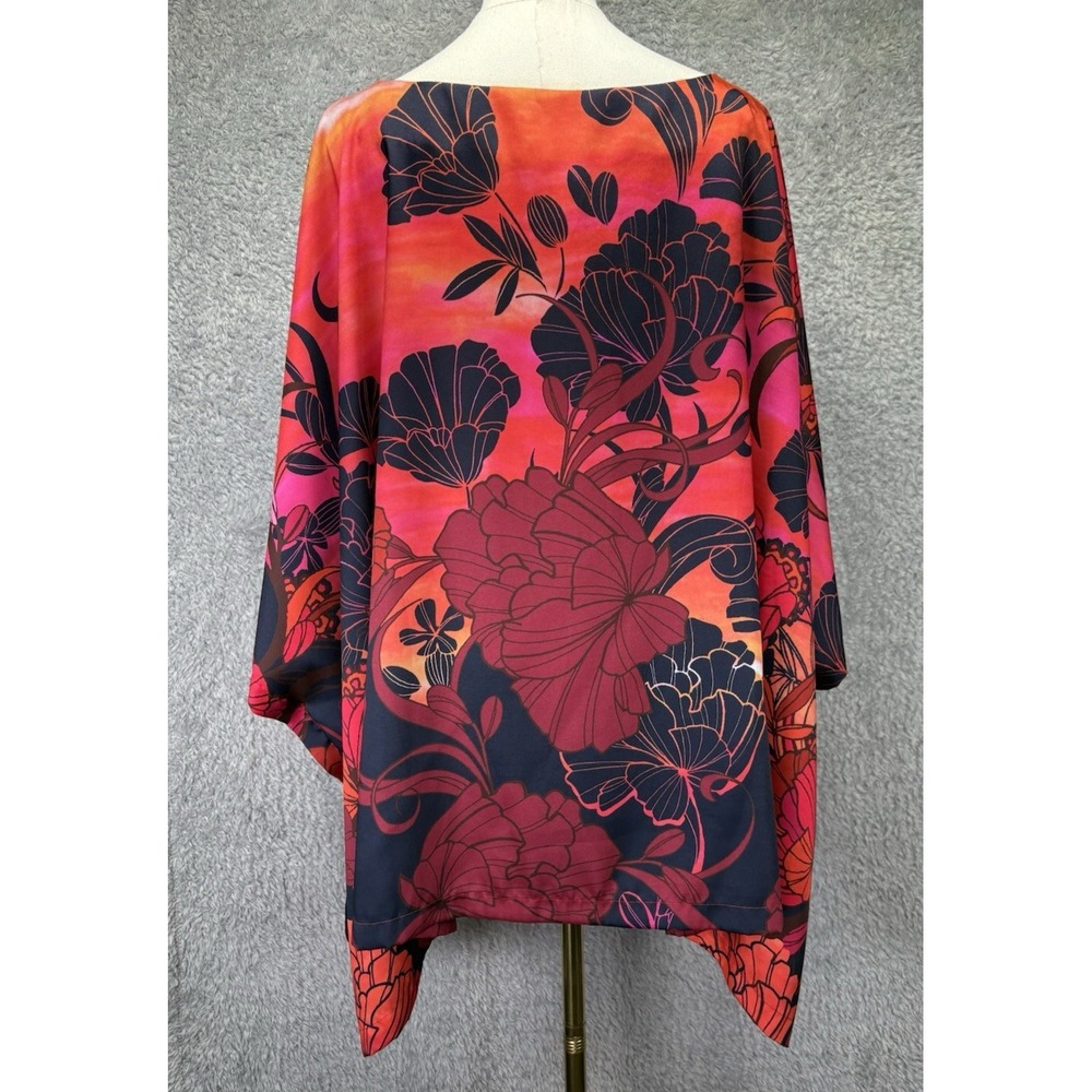 Chico's Red Floral Chiffon Poncho Top Women L/XL Sheer Pullover Boho Overlay - Picture 2 of 10